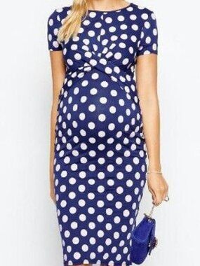 NWT ASOS Maternity Polka Dot Twist-Front Midi Dress Short Sleeve Blue Pink